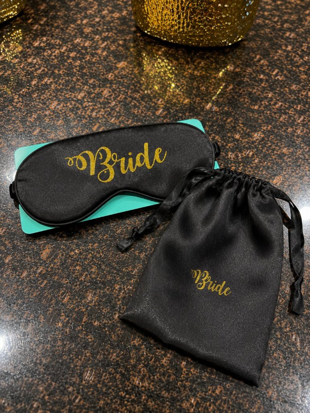Black Satin Bride Eye Mask & Drawstring Pouch Gold Glitter Font NWT